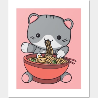 Kawaii Cat Eating Ramen Posters and Art